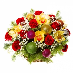 A basket of roses, orchids and ball ornaments arranges with pine branches and green fillers