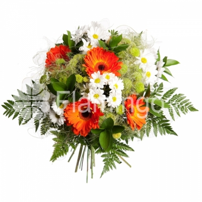 A bouquet of orange gerbera daisies, white and green chrysanthemums and green fillers