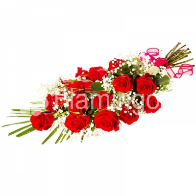 Fifteen red roses with green fillers tied with a bow