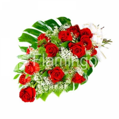 A bouquet of red roses with green fillers and baby breath