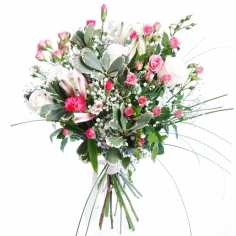 A bouquet of white and pink roses and carnations with green fillers