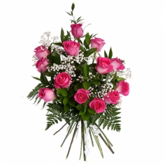 A bouquet of pink roses with green fillers