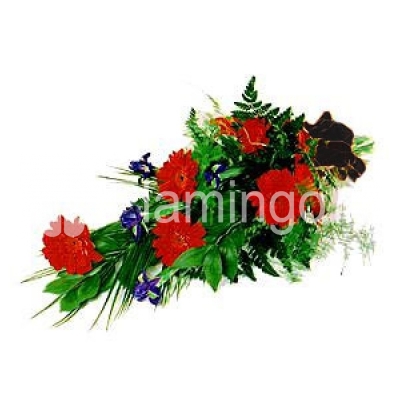 A funeral composition of red gerbera daisies, blue irises and green fillers tied with a black bow