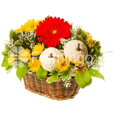 A basket of yellow spray chrysanthemums in autumn style
