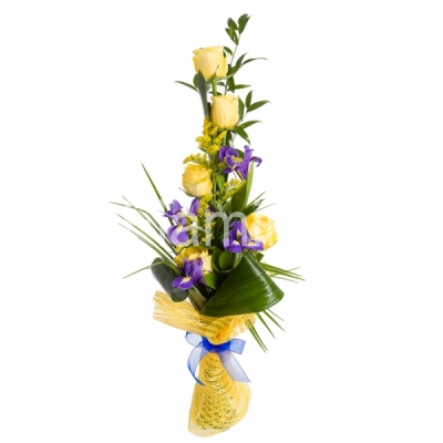 A long bouquet of yellow roses and blue irises with green fillers