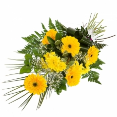 A bouquet of yellow gerbera daisies, chrysanthemums and green fillers 'Sunlight'