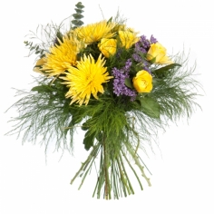 A bouquet of yellow roses and chrysanthemums with green fillers
