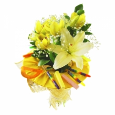 A bright composition with yellow lilly and orchids