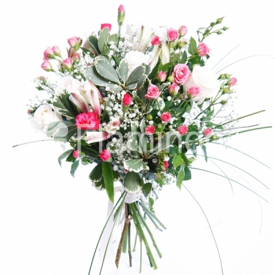 A bouquet of white and pink roses and carnations with green fillers