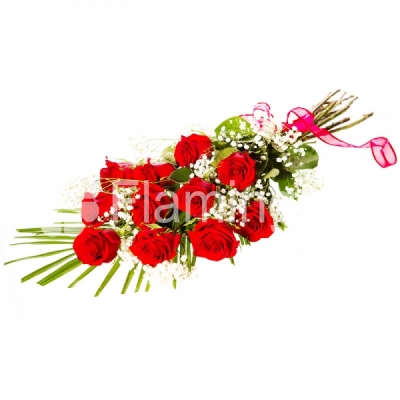 Eleven red roses with green fillers tied with a bow