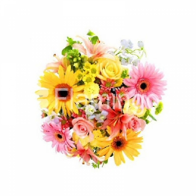 A colorful composition with gerbera daisies, roses, chrysanthemums and lilies