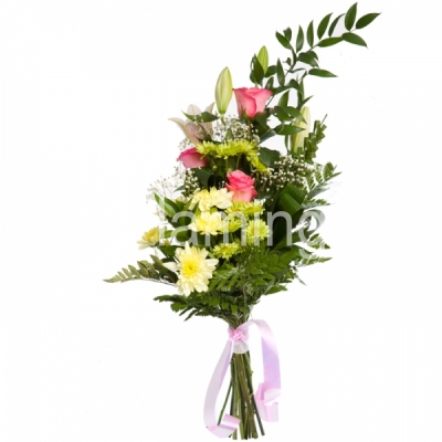 A long bouquet with roses, chrysanthemums, a white lily and green fillers