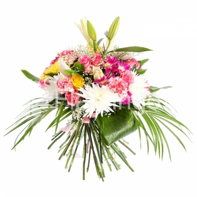 A bouquet of chrysanthemums, roses, carns and lilies in white and pink colors