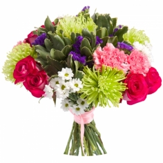 A bouquet with roses, carnations and chrysanthemums with green fillers ’Colorful’