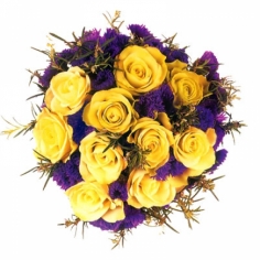 A eurobouquet with yellow roses and blue statice
