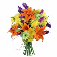 A bouquet of orange lilies, yellow and white chrysanthemums and green fillers