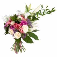 A bouquet of roses, parrot flowers, chrysanthemums and lilies with green fillers