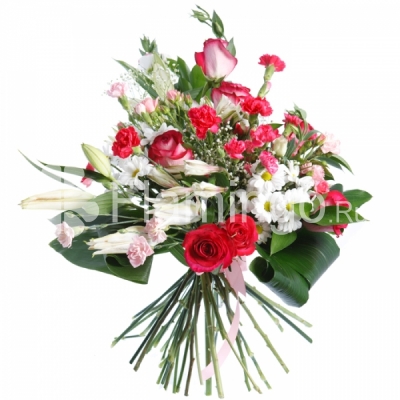 A bouquet of red and white roses, carnations and lilies